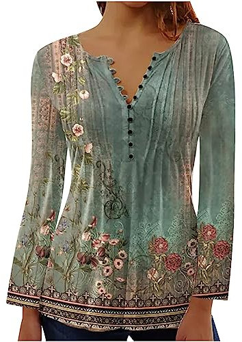 Yolimok Women's Long Sleeve Tops Elegant Vintage Floral Printed Tunic Tops V Neck Buttons Up Blouse Ladies Henley T-Shirt Swing Blouses Longine Shirts Casual Baggy Pullover