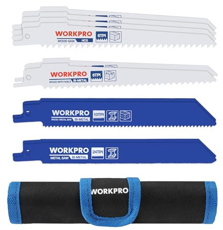 WORKPRO Säbelsägeblätter Set 10-teilig aus BIM & HCS, Sägeblätter zum Schneiden von Metall, Holz, Holz mit Nägeln, Kunststoff, mit Aufbewahrungstasche, Kompatibel mit gängigen Säbelsägen