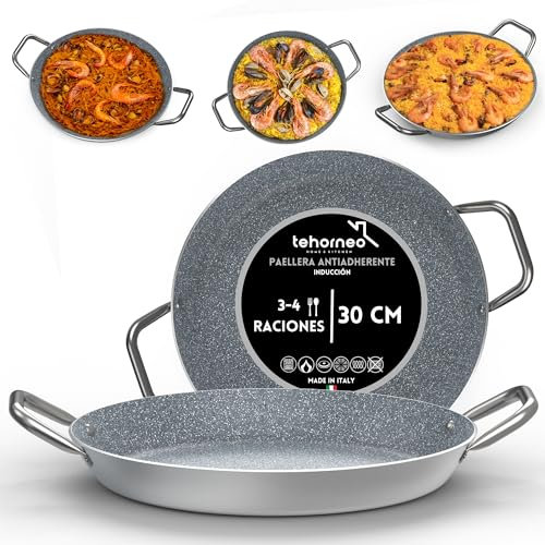 TEHORNEO Paellera Induccion, Paellera 30 cm Antiadherente de Aluminio 3-4 raciones, Paellera Vitroceramica, Paella Induccion, Paellera Electrica, Paellero, Paellera Acero Inoxidable 30 cm, Paella