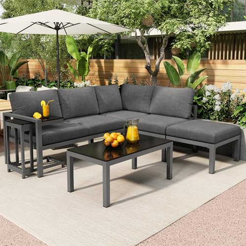 Zravenna Set di mobili da giardino per esterni, 5 pezzi, in alluminio, resistente alle intemperie, per 6-8 persone, set di mobili da giardino con cuscini, panche ad angolo, grande tavolo da pranzo