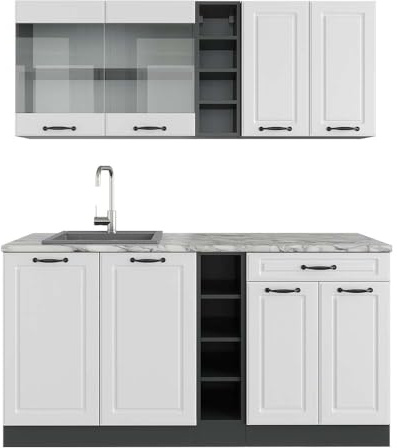 Vicco Singleküche R-Line, Weiß Landhaus/Anthrazit, 160 cm, AP Marmor, zur individuellen Erweiterung mit zusätzlichen Modulen geeignet