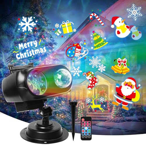 Projecteur Noel Exterieur, Projecteur Dynamique 2 en 1 avec 96 dessins animés, 12 thèmes et 10 effets de vagues, télécommande, minuterie, décoration de Noël étanche, idéal pour les fêtes de Noël