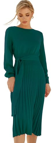 Ever-Pretty Vestito Maglioni Donna Abito Casual a Maniche Lunghe Invernali Elegante Abito in Maglia Midi Abito con Cintura Pullover Elasticizzato Autunno Verde Scuro S