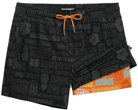 MaaMgic 5 Mens Swim Shorts with Compression Liner 4-Way Stretch Bathing Suit Swimming Shorts 2 in 1 Men's Swim Trunks with Zipper Pockets Quick Dry,Black Traditional Pineapple,L