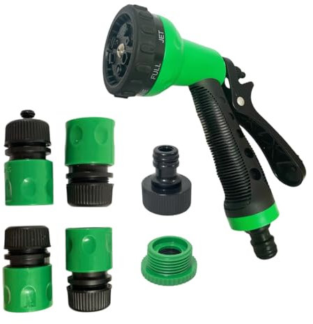Pistola manguera jardin. Pistola de agua a presión varios modos de riego. Cabezal difusor con regulador de presion agua Boquillas adaptadoras para manguera de jardin, manguera extensible y grifo.