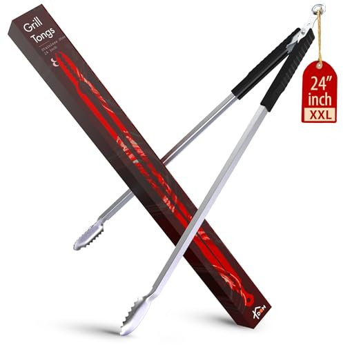 24 inch BBQ Tongs - 1 Year Warranty, 100% Stainless Steel Long Metal Grill Tongs for Outdoor Grill, Non Slip Handle, Locking Mechanism, Heat resistant, Pinzas de Cocina for steak, hot dog and more