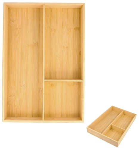Bandeja de Cubiertos de Bambú Grande,43x30x6 cm 3 Compartimentos Bandeja para Cubertería,Separador Cubiertos Cajón,Caja de Cubiertos Organizador de Cubiertos,Cajones de Madera para Cocina Oficina