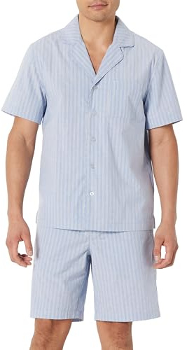 Amazon Essentials Pyjama Court à Col Cranté en Popeline de Coton Extensible Homme, Bleuet Thin Stripe, L