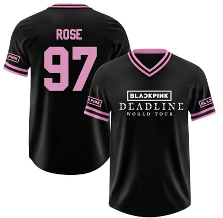 Maillot de Baseball imprimé Noir et Rose Kpop Lisa Jennie Jisoo Rose, t-Shirt de Baseball Hip-hop à col en V pour Les Fans de Musique 03-2 S