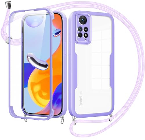 Jrkvniv Cover per Xiaomi Redmi Note 11 Pro con Cordino,360 Gradi Trasparente Custodiacon con Protezione Schermo Integrata,Bumper Rugged Custodia con Regolabile Tracolla Corda Collana per 6.67-Viola