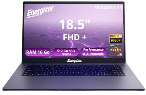 Energizer Energybook Pro 18.5 – PC Portable 18,5’’ FHD IPS, AMD Ryzen 5 3.7 Ghz, 16Go RAM, 512 SSD Nvme, PC Portable Ryzen, Vega 8, Grande autonomie 6000Mah, AZERTY (Français)