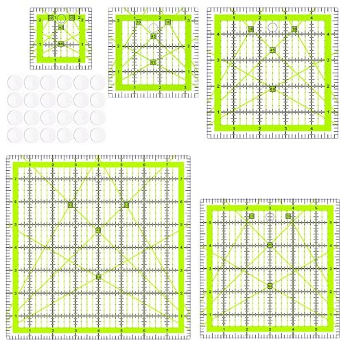 Evadollina 5 Piece Quilt Ruler, Large Set Square, Patchwork Ruler and 24 Anti-Slip Stickers, Yellow Sewing Ruler, for Multiple Uses (2.5/3.5/5/6/8 inch)