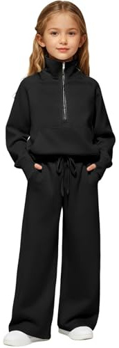 Girls Half Zip Two Pieces Sweatsuit Solid Comfort Baggy Sweatshirt Trendy Wide Leg Sweatpants Teens Athletic Casual Jogger Set (c-Black,9-10 Years)