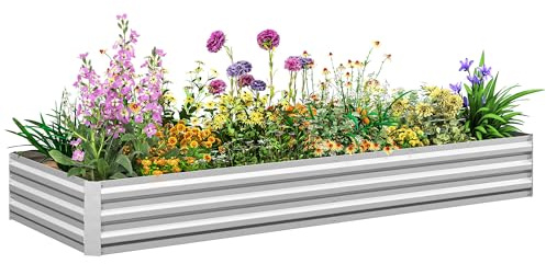 Outsunny Jardinera Exterior Grande Rectangular Acero 241x90,5x30 cm Plata | Galvanizado Resistente a la Intemperie, Huerto Urbano para Cultivar Plantas, Macetas Exterior Grandes, Base Abierta