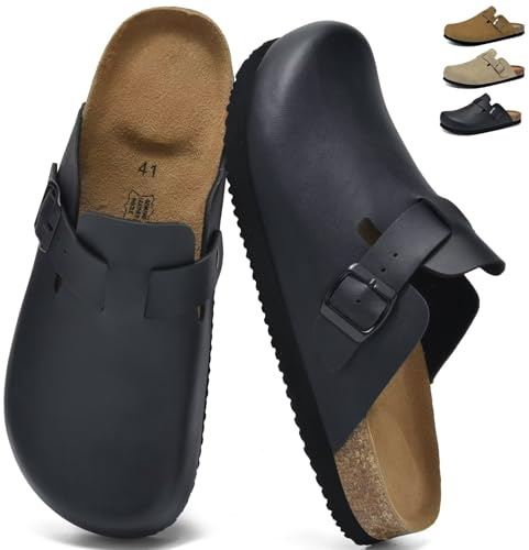 chetoria Mules et Sabots Homme Sandales d'Été Réglables Pantoufles 41-46EU | Sabots et Claquettes Hommes Confortables, Sandale en Cuir avec Semelle Intérieure en Liège, Soutien de la Voûte Plantaire