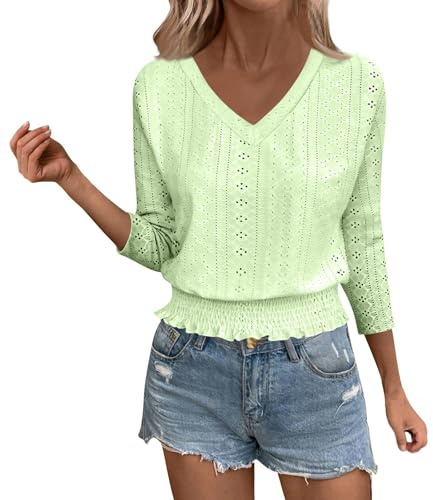 T-Shirt Femme Manches 3/4 col V, Haut ajouré Broderie Anglaise, Taille smockée avec Volant, Blouse légère décontractée pour été et mi-Saison