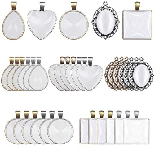 Anezus 60Pcs Pendant Trays, Bezel Pendant Trays Blanks with Glass Cabochons for Pendants Making and Jewelry Making, 5 Styles