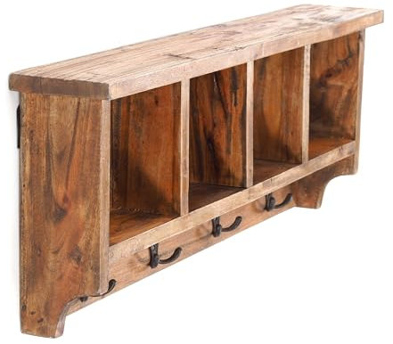 DESIGN DELIGHTS RUSTIKALE WANDGARDEROBE MIT Regal Vintage 70 | 70x27x11cm (BxHxT), Recyclingholz | Kleiderhaken, Garderobenleiste aus Altholz, Used-Look | Farbe: 01 Natur-Vintage
