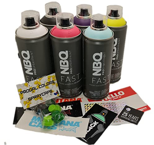 PROGAL COLORS NBQ FAST PURPLE RAIN PACK (6x Spray 400mL + 6x Difusor/Cap + Kit de Pegatinas) Pintura en Spray de Alta presión Acabado Mate Multisuperficie Muralismo y decoración