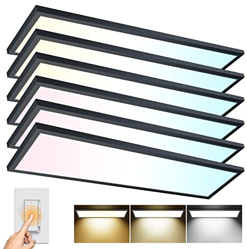 AIKVSXER 6PACK 1x4 LED Flat Panel Light Surface Mount LED Ceiling Light, 5500LM 50W TRIAC 10-100% Dimmable, 3000/4000/5000k AC120V Kitchen Lights Ceiling Flush Mount for Garage/Basement Black