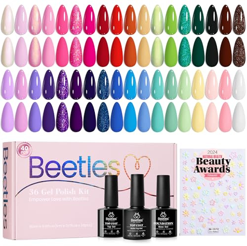 Beetles Summer Gel Nail Polish Set - 36 Colors Verse of Flower Gel Nail Kit, Pink White Black Red Purple Blue Yellow Gel Colors & 3Pcs Base Top Coat Soak off UV Home Salon Gift for Women