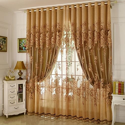 Amidoudou Luxury Peony Flower Curtains for Living Room & Bedroom, European Double Layer Drapes, Thermal Insulated Blackout, Gold Color, 66 x 96 Inch (1 Pair)
