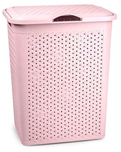 Tradineur - Cesto para Ropa Sucia con Tapa y Asas, pongotodo de plástico, Cubo para Colada, imitación de Mimbre, Fabricado en España (Rosa Palo - 38 litros - 49 x 38,5 x 29,5 cm)