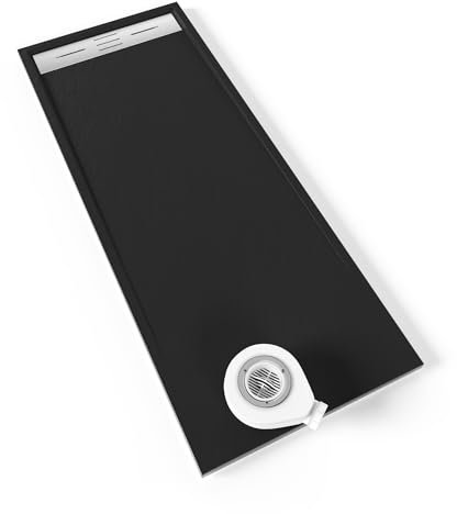 Plato de ducha SMC Hiemal 180x70 cm | Moments of Glass | Negro RAL 7021 – Antiderrapante, Textura Pizarra, Antibacteriano, Resistente a agentes químicos – Incluye válvula y rejilla Inox