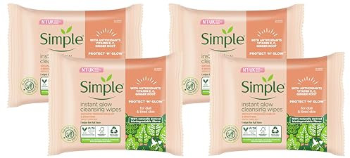 Simple Protect ‘N’ Glow Instant Glow Biodegradable Wipes dermatologically tested for sensitive skin 20 wipes (Pack of 4)