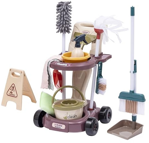 Baroni Toys Chariot de Nettoyage pour Enfant avec 14 Pièces, Ensemble de Nettoyage avec Balai pour Enfants, Savon et Autres Accessoires, Kit de Nettoyage de la Maison pour Enfants de 3 à 7 Ans