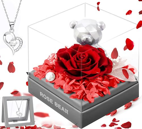 BoriYa Geschenke für Frauen - Infinity Rosen Geschenkbox für Sie, Ewige Rose mit Kette,Konservierte Rosenbox Geschenk für Geburtstag Jahrestag,Eternal Rose in Box mit Bär, Muttertagsgeschenke für Mama