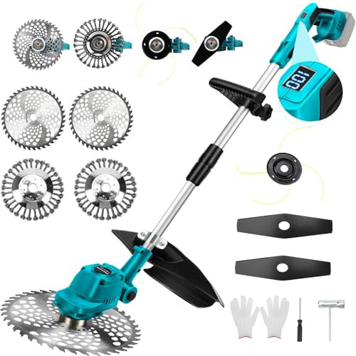 Decespugliatore a Batteria compatibile con Makita 18 V, Tagliabordi a Batteria con filo Elettrico Brushlesse, 4 Tipi di Lame Tagliaerba senza Fili, Maniglia Telescopica, Decespugliatori da Prato