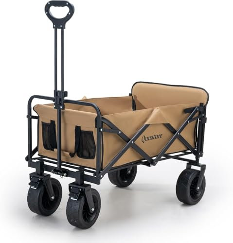 Qunature Carro de Mano Plegable 180 L con Ruedas Grandes y Freno, Manija Ajustable, Bolsillos, Carrito Transporte Carga hasta 150 kg para Jardín, Camping, Playa, Picnic y Compras