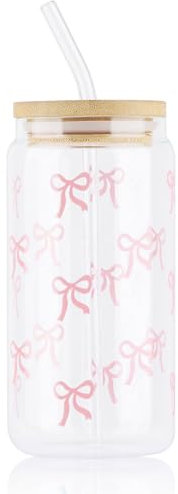 Yukaiwn Ensemble de tasses à café en verre avec nœud – Gobelet mignon de 473 ml avec paille en verre et couvercle en bois – Tasses à café élégantes et transparentes – Cadeau esthétique pour femmes