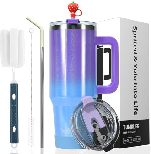 WATERSY Doppelwandiger 30oz Kaffeebecher to Go Thermobecher Edelstahl Vakuum Auslaufsicher Trinkbecher mit Griff und Strohhalm Thermo Tumbler Lila Blau Glänzend