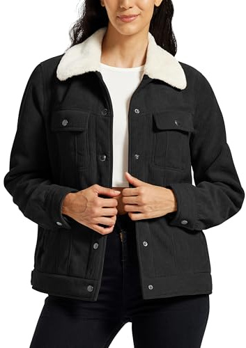 MoFiz Veste Polaire Femme Doublée en sherpa Blouson Hiver Chaud Vestes en velours côtelé à Boutons élégant décontracté Noir Taille EU XL