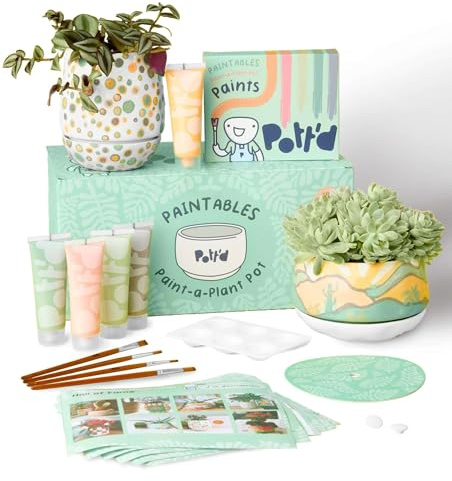 Pott’d Paintables Blumentopf zum Bemalen, DIY Keramik-Bemalen-Set für Erwachsene mit Töpfen, Untersetzern, Farben, Pinseln, Palette und Anleitung – Kreatives Geschenk oder Wohn-Deko