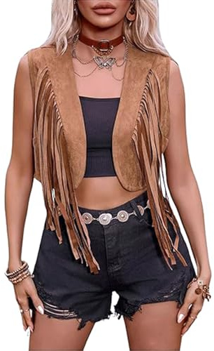 Qtinghua Women's Tassel Vest Hippie Faux Suede Fringed Waistcoat Open Front Sleeveless Y2k Jacket Cardigan Cowgirl Top Streetwear (C Camel, M)