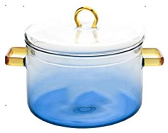 JINGYAN Bol Pan Verre avec Couvercle, La Meilleure Batterie De Cuisine en Verre À La Main De Cuisine De Cuisine De Cuisine, Soupe, Lait, Gradient Bleu, Diamètre De Bol 5.5 Pouces