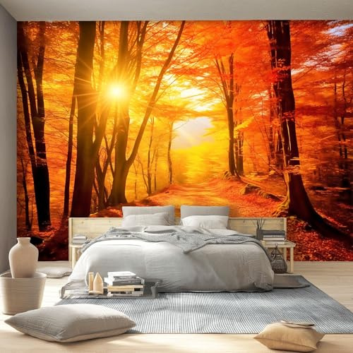 Wall Mural 250 x 175 cm(WxH), Orange-Red Natural Autumn Scenery, Premium Paste Required Wallpaper for Study and Guest Room