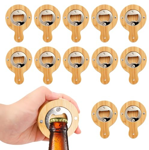 Lot de 12 décapsuleurs en bois - Portables - En bambou - Durable - Personnalisable - En acier inoxydable et bambou - Adsorbable - Cadeaux pour mari, ami, père, grand-père (jaune)