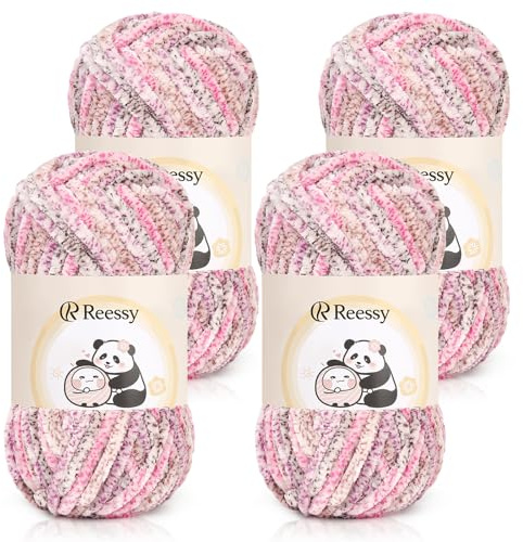 Reessy Chenille Yarn 400g(4×100g), Soft Chunky Yarn for Crocheting-Rose | Fluffy Velvet Chenille Wool Ombre, Rainbow Thick Yarn Chunky Wool for Knitting Exquisite Crafts, Amigurumi, Baby Blanket