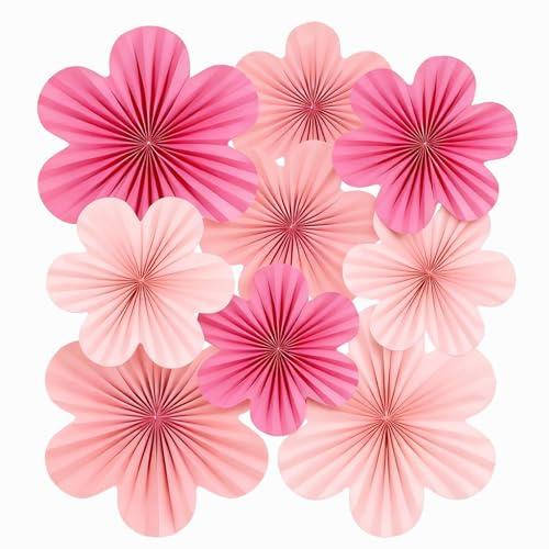 Aihoom 9 pcs Flores de Papel Decorativas, Abanicos y Guirnaldas para Fiesta, Bodas, Cumpleaños, Baby Shower, Decoración Colgante de, Papel Flor para Decoración de Mesa (Rosa)