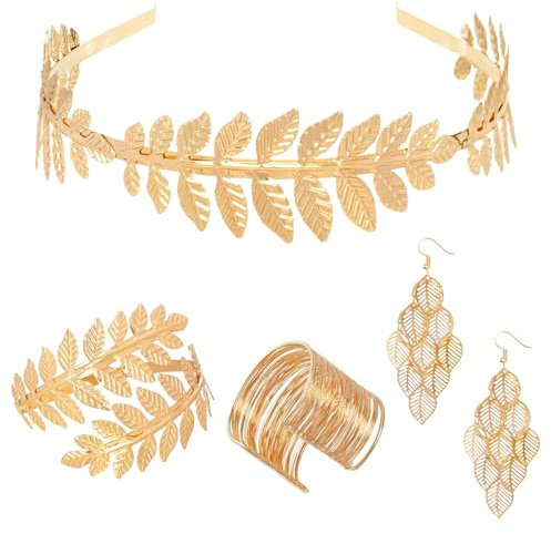 YUSHWENPTY Ensemble de Déesse Grecque Bijoux, Couronne de Laurier, Boucles Pendantes et Bracelet Manchette, Dorés Déesse Grecque Costume Accessoires, pour Mariage, Fête, Soirée ou Cérémonie