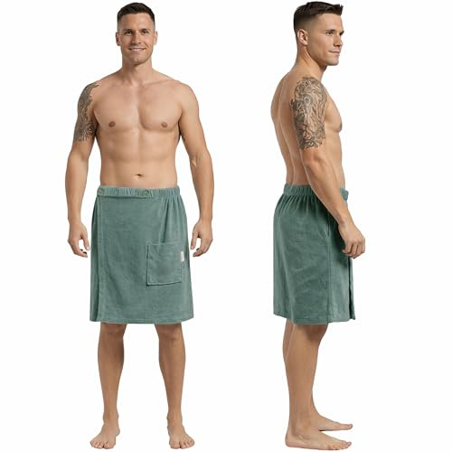 CalmySPA Toalla de sauna ligera de rizo para hombre, toalla de sauna de algodón con goma elástica y botón, toalla de sauna para hombre, falda escocesa (jade)