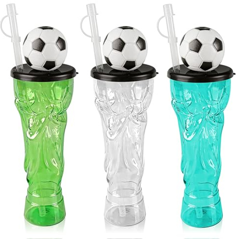 Clvsyh 3 vasos de plástico de fútbol coloridos, jarra de cerveza reutilizable, taza de cerveza de plástico de fútbol con tapa y pajita para niños y adultos