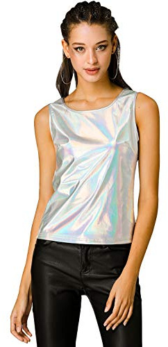 Allegra K dam ärmlös U-boot hals metallisk tank top
