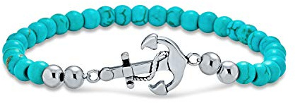 Bling Jewelry Stackable Stabilizzato Blu Turchese Filo Perline Palla Stretch Nauticol Corda Barca Ancora Bracciale Per Le Donne Gli Uomini In Acciaio Inox Tono Argento