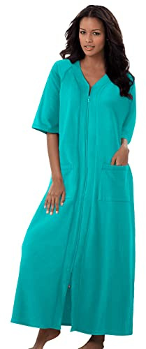 Dreams & Co. Women's Plus Size Long French Terry Zip-Front Robe (Petite Available) - 2X, Aquamarine