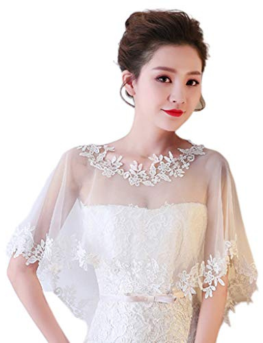 YO-HAPPY Mantón de Las Mujeres, Mujeres de una Sola Capa Sheer High Low Wedding Mantón Wrap Apliques de Encaje Floral Empalme Recorte Nupcial Noche Cape Shrug Capelet Bolero